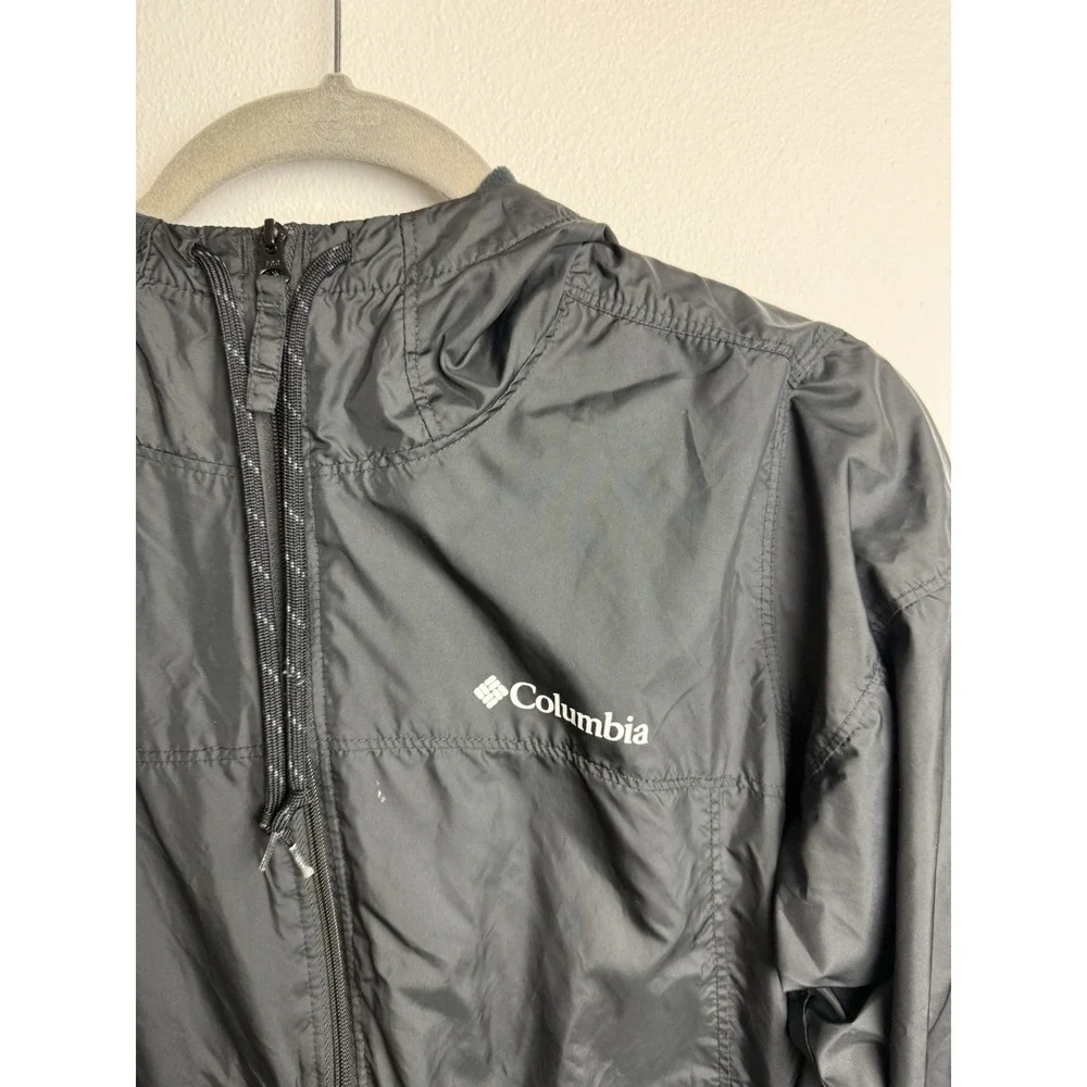 Columbia Flash Challenger Windbreaker Jacket Mens XS Black Logo Hooded Zip-Up‎